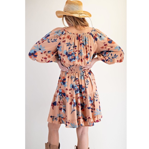 "The Roxy" Latte Floral Smocked Waist Dress - Picture 4 of 6